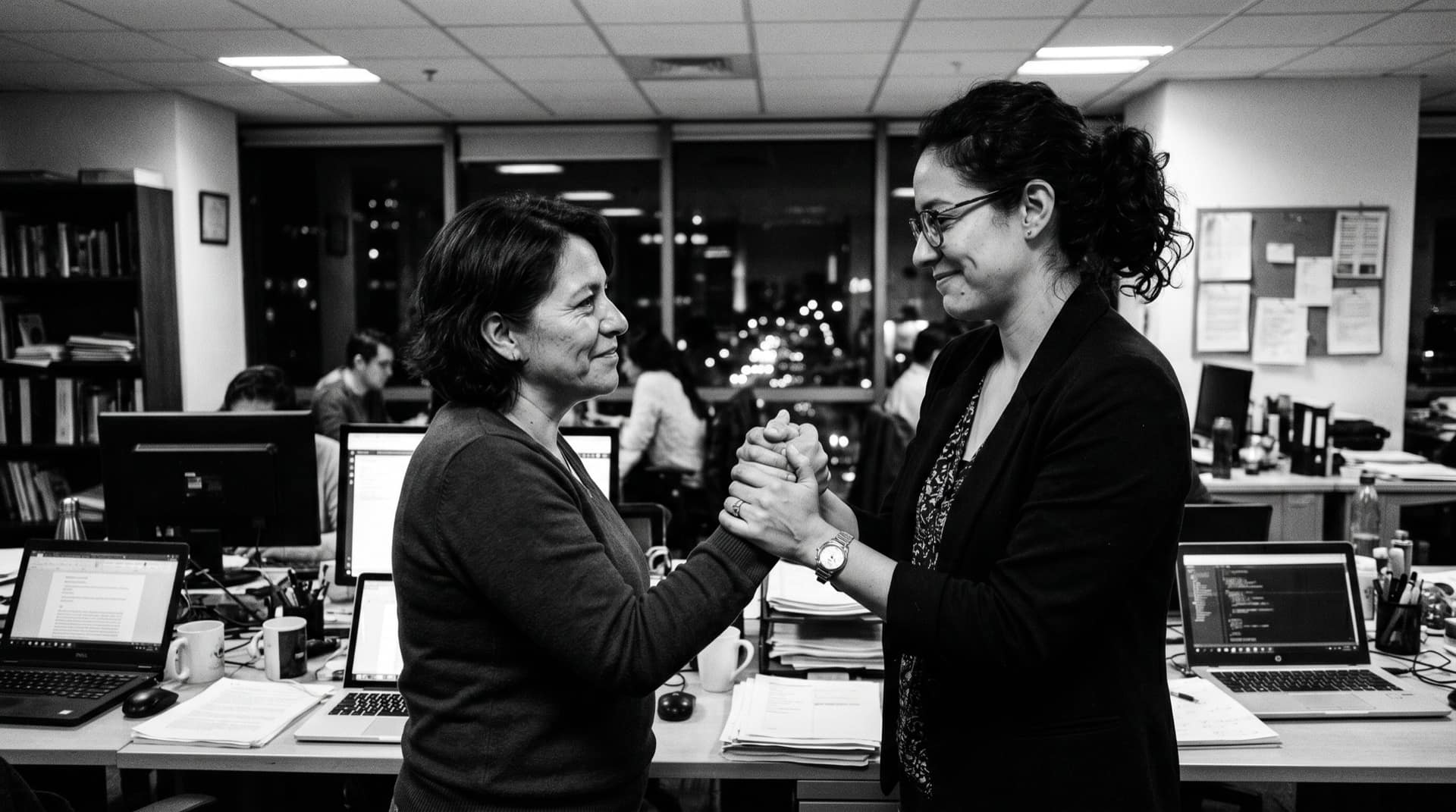 Two colleagues clasping hands in an office at night