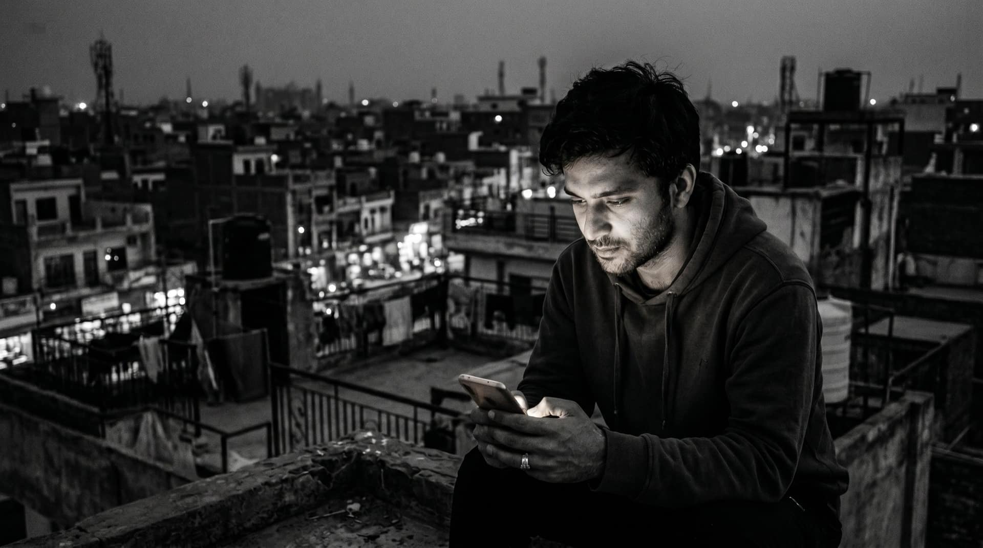 A founder on a rooftop above the city at dusk